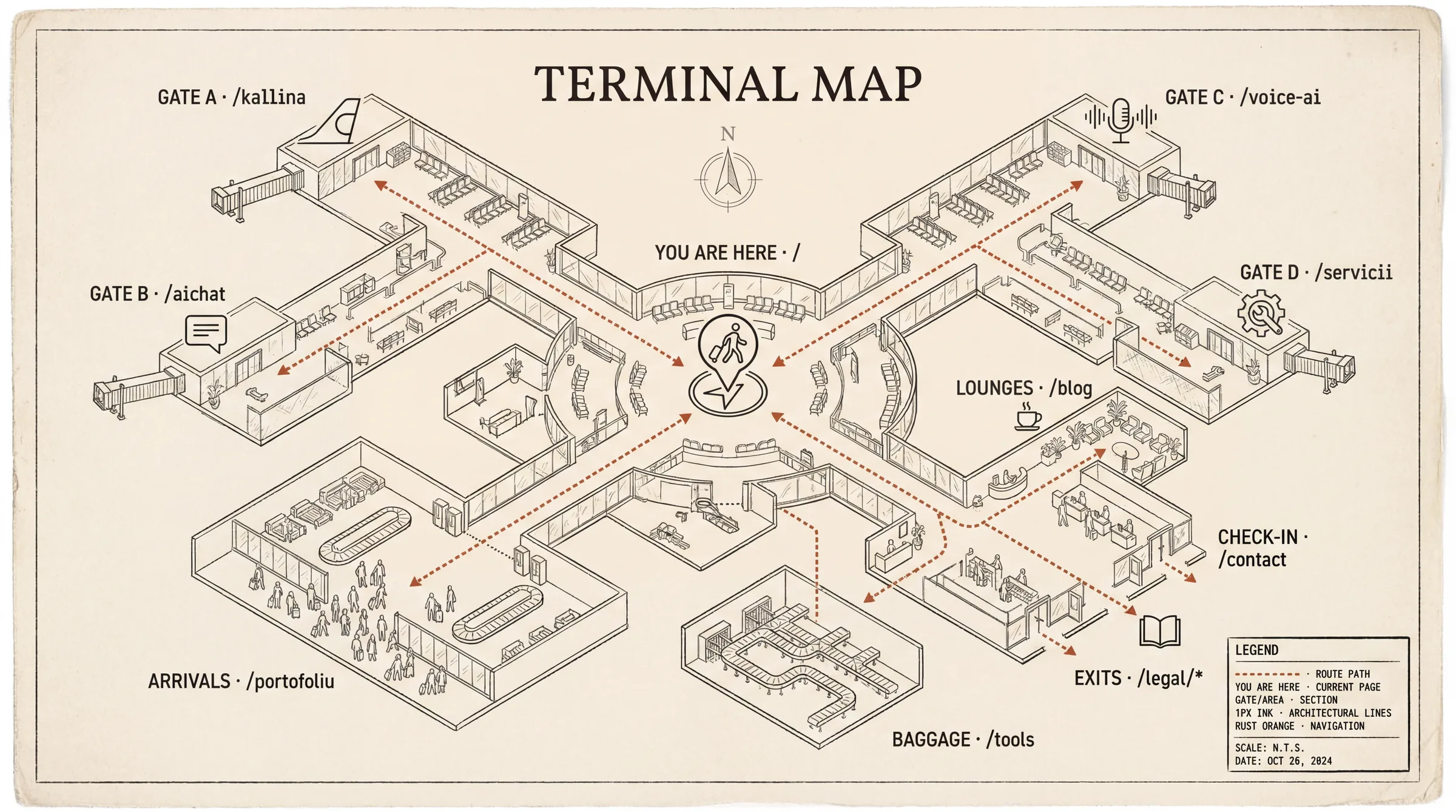 Terminal map — architectural floor plan with gates for each site area