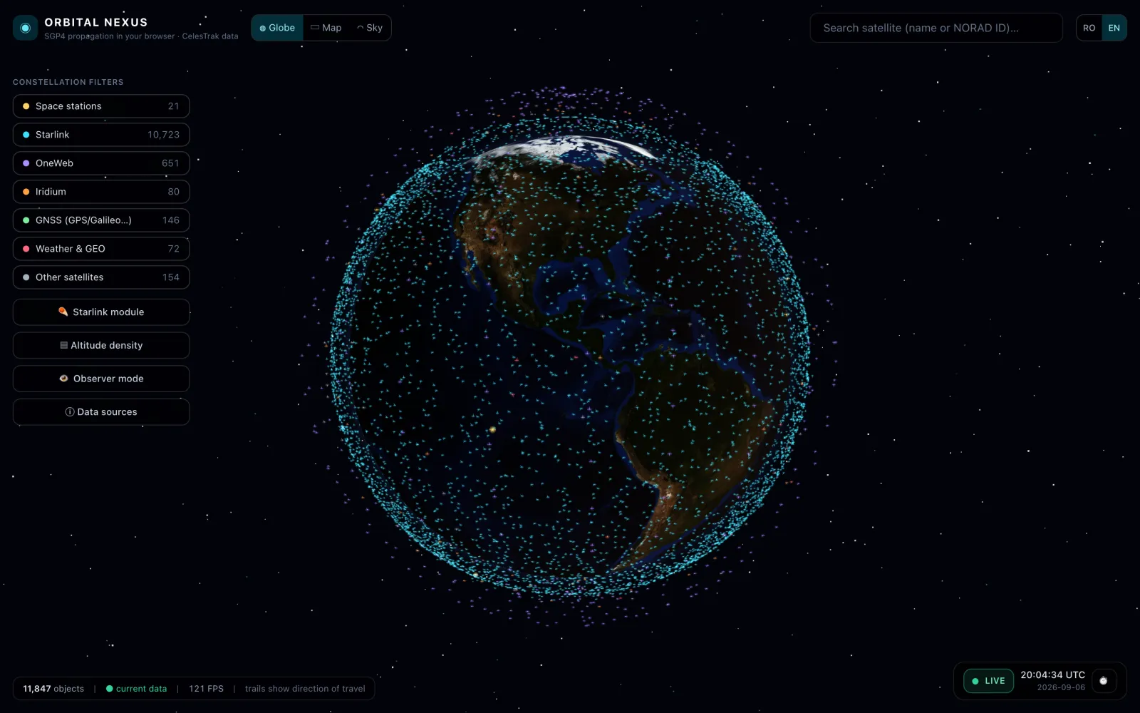 Orbital Nexus: globul pământesc înconjurat de mii de sateliți colorați pe constelații, cu filtrele de constelație în stânga