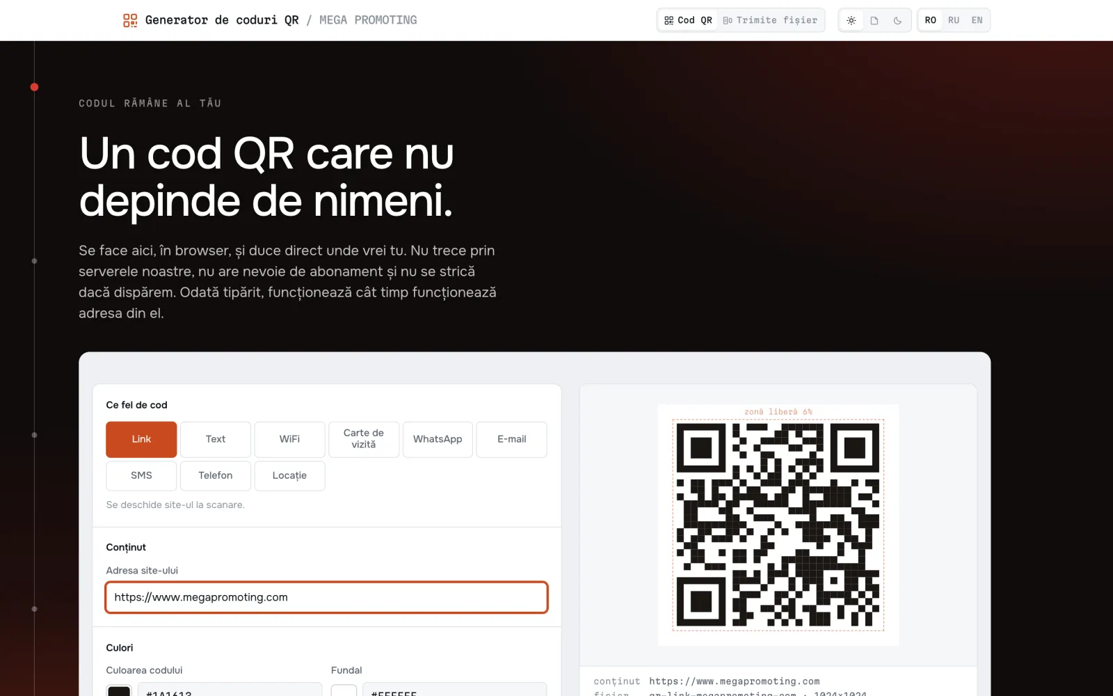 Generatorul MEGA QR: tipurile de cod, câmpul de conținut completat cu o adresă și codul QR generat alături