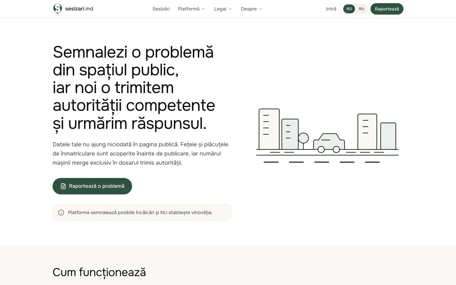 Pagina de start sesizari.md: titlul „Semnalezi o problemă din spațiul public”, nota că fețele și plăcuțele de înmatriculare sunt acoperite înainte de publicare, și butonul de raportare